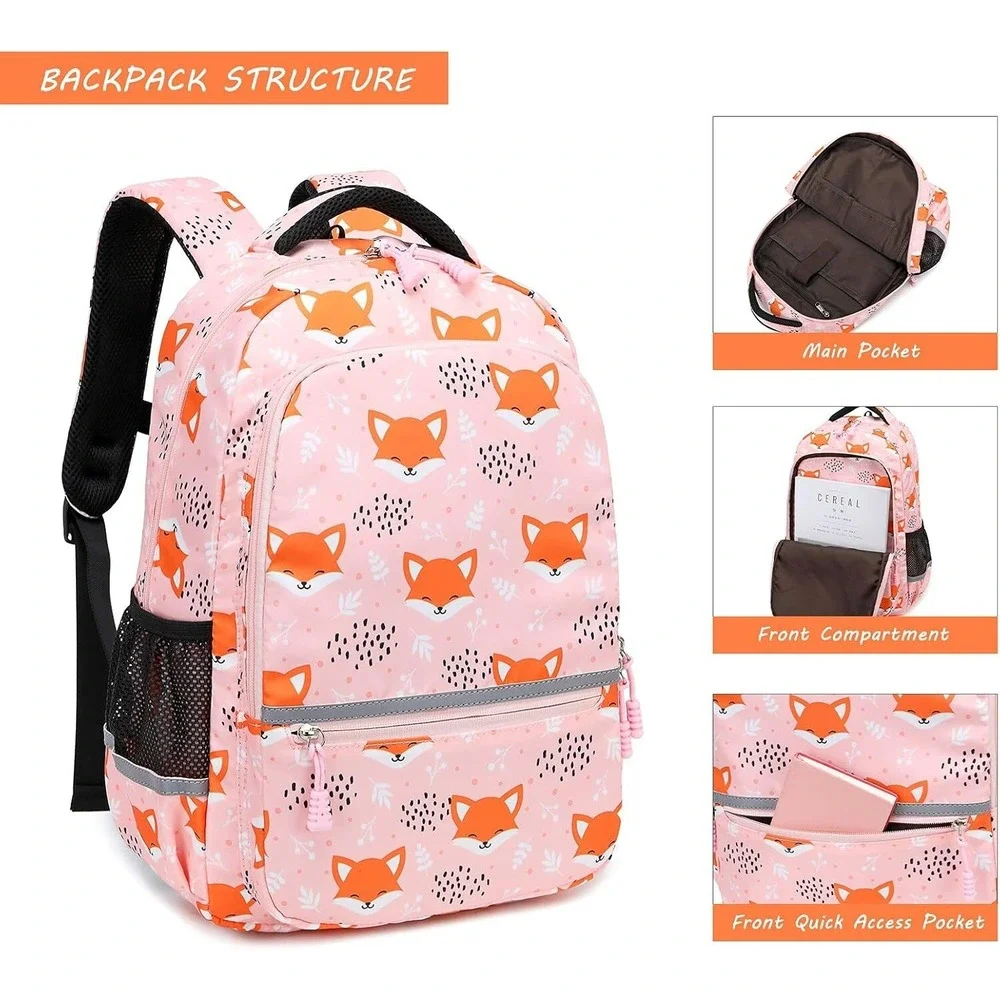Girls Fox Pink Backpack‎ with Insulated Lunch Bag & Pencil Bag, Reflective NEW